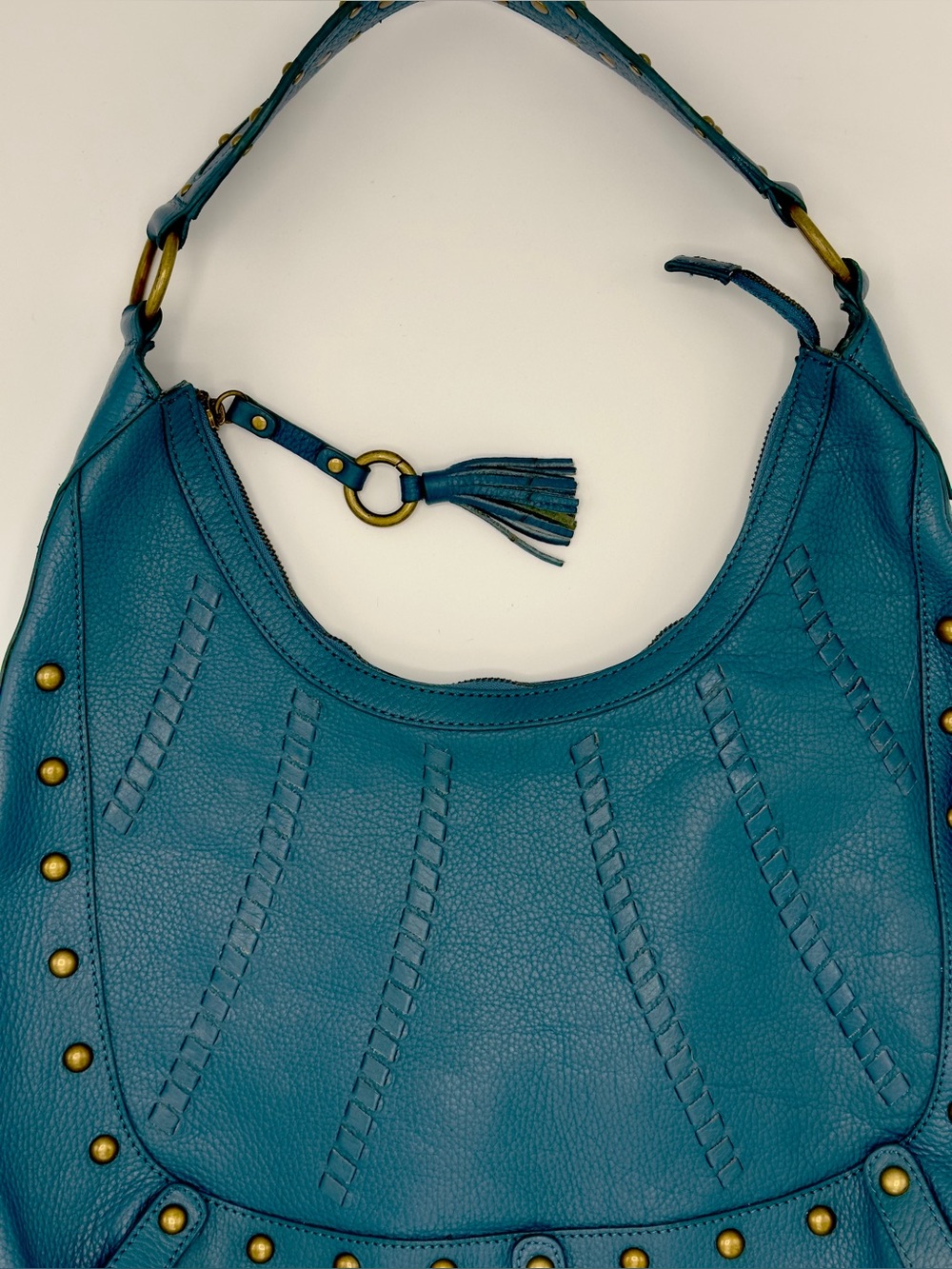 Fossil Blue Leather Shoulder Bag Purse Boho Metal Accents SHB1529 - Picture 2 of 12